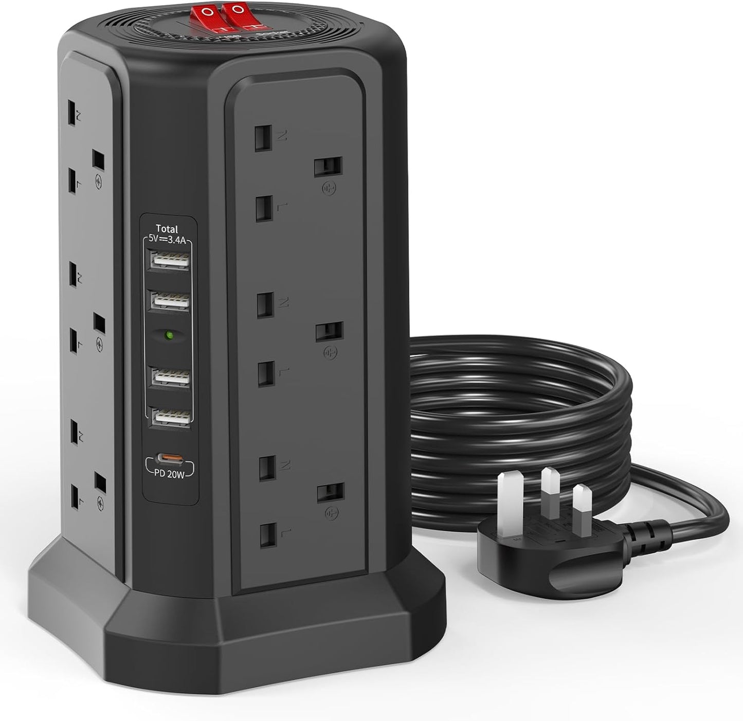 Tower Extension Lead with USB Slots 3M and 20W USB C Fast Charger, (13A 3250W)