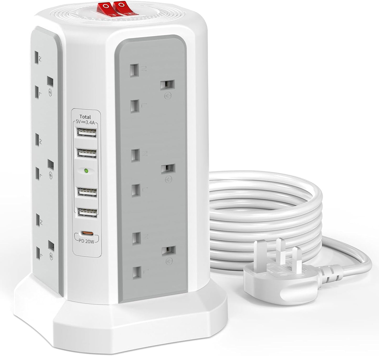 Tower Extension Lead with USB Slots 3M and 20W USB C Fast Charger, (13A 3250W)