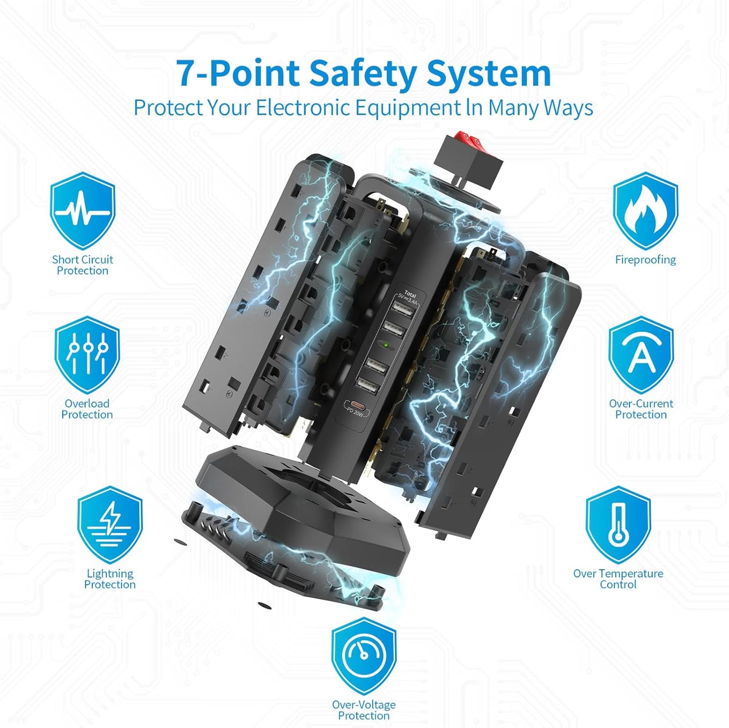 Tower Extension Lead with USB Slots 3M and 20W USB C Fast Charger, (13A 3250W)