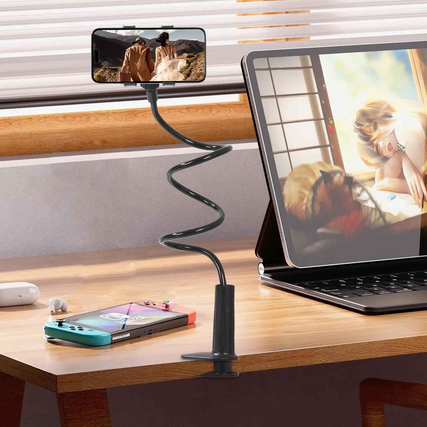 Lazy Bedside DesktopMobile Phone Clamp Bracket Flexible Long Arm Gooseneck Lazy Person Bracket With Handle Overhead Live Bracket