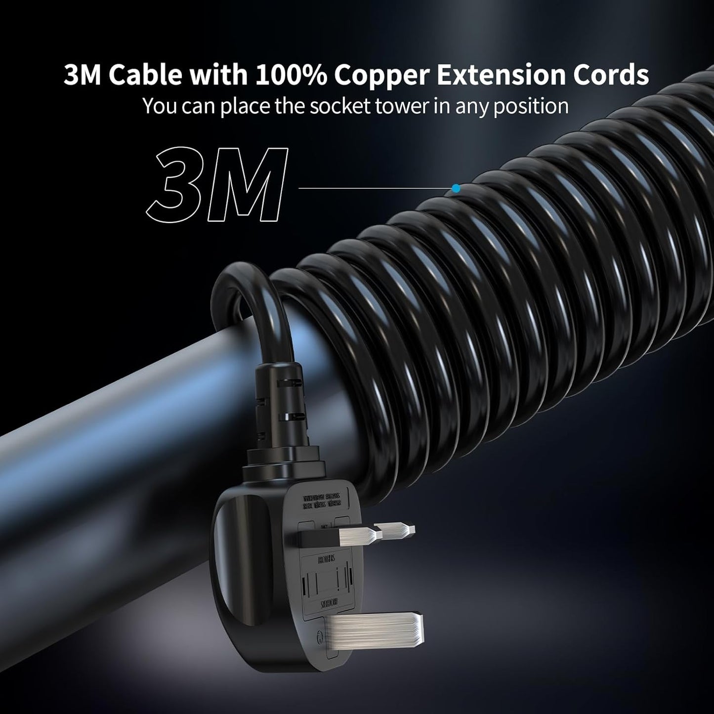 Tower Extension Lead with USB Slots 3M and 20W USB C Fast Charger, (13A 3250W)