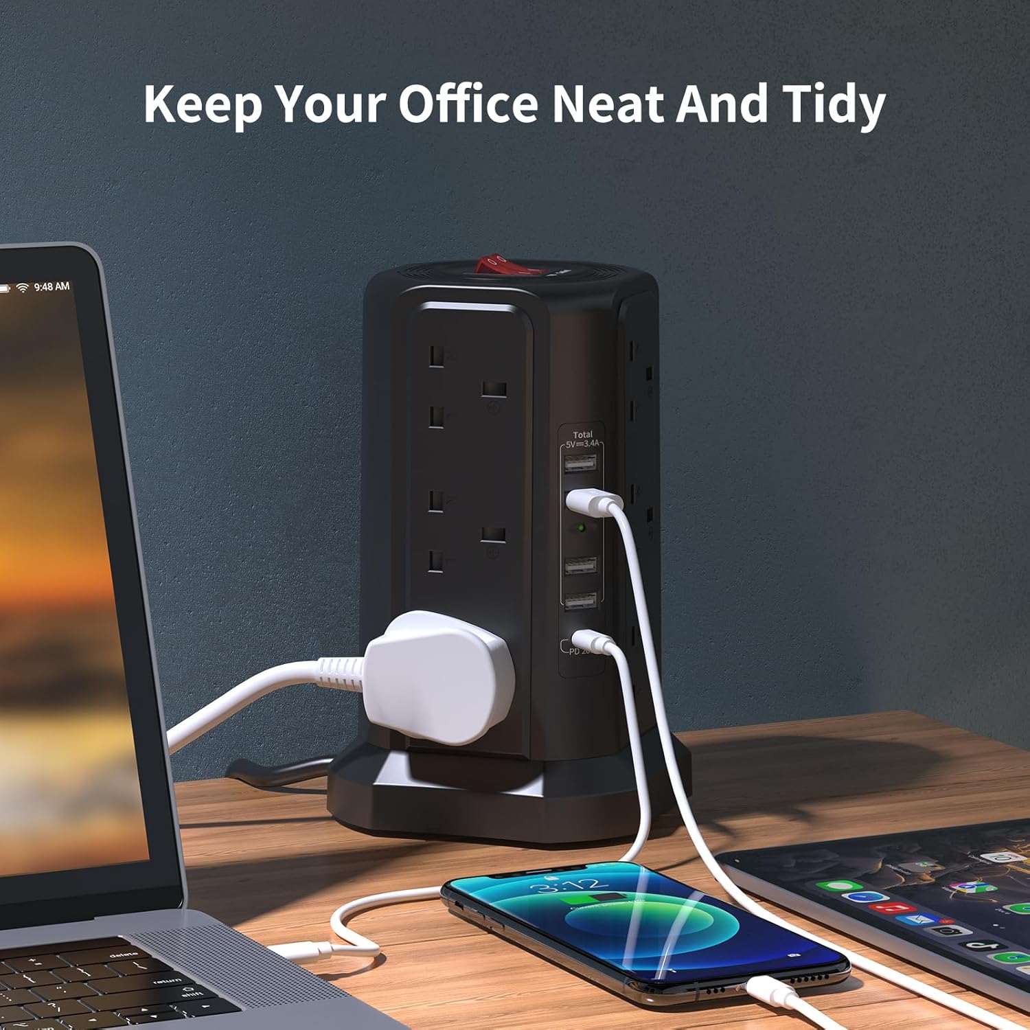 Tower Extension Lead with USB Slots 3M and 20W USB C Fast Charger, (13A 3250W)