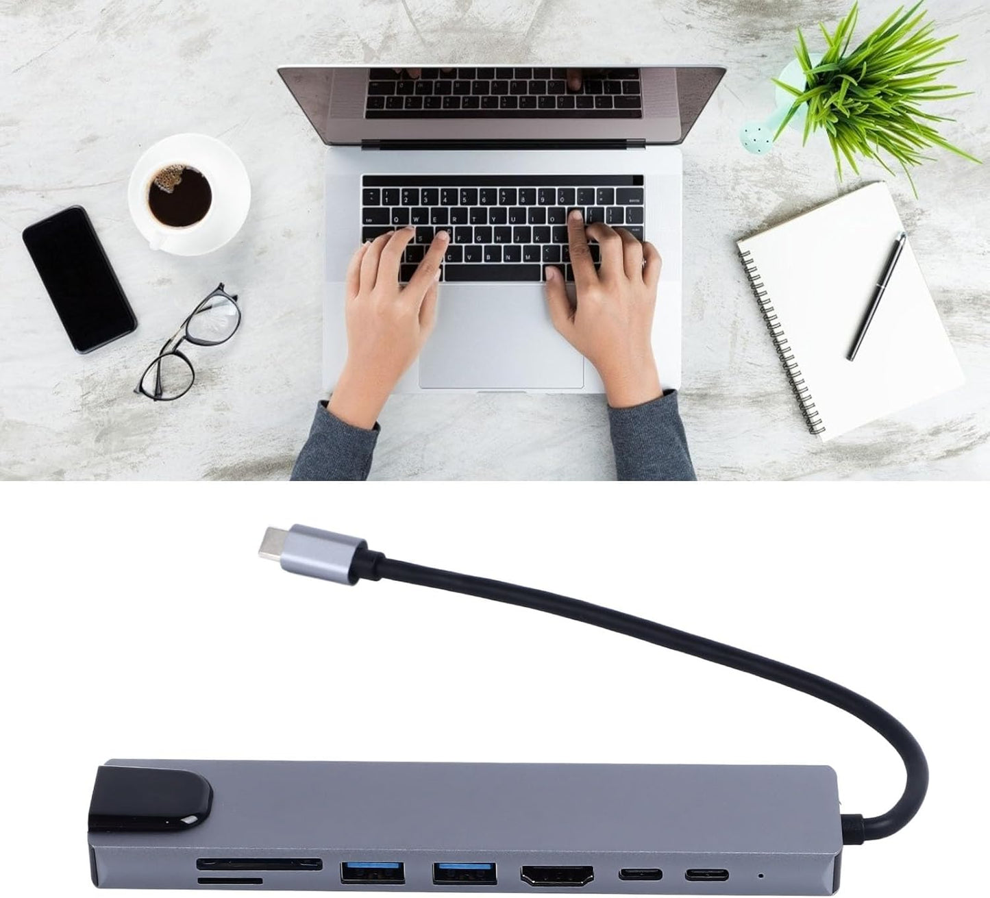 USB-C Hub 8-in-1 Type-C 3.1 to 4K HDMI Adapter with RJ45, SD/TF & PD Fast Charge for MacBook & Laptops