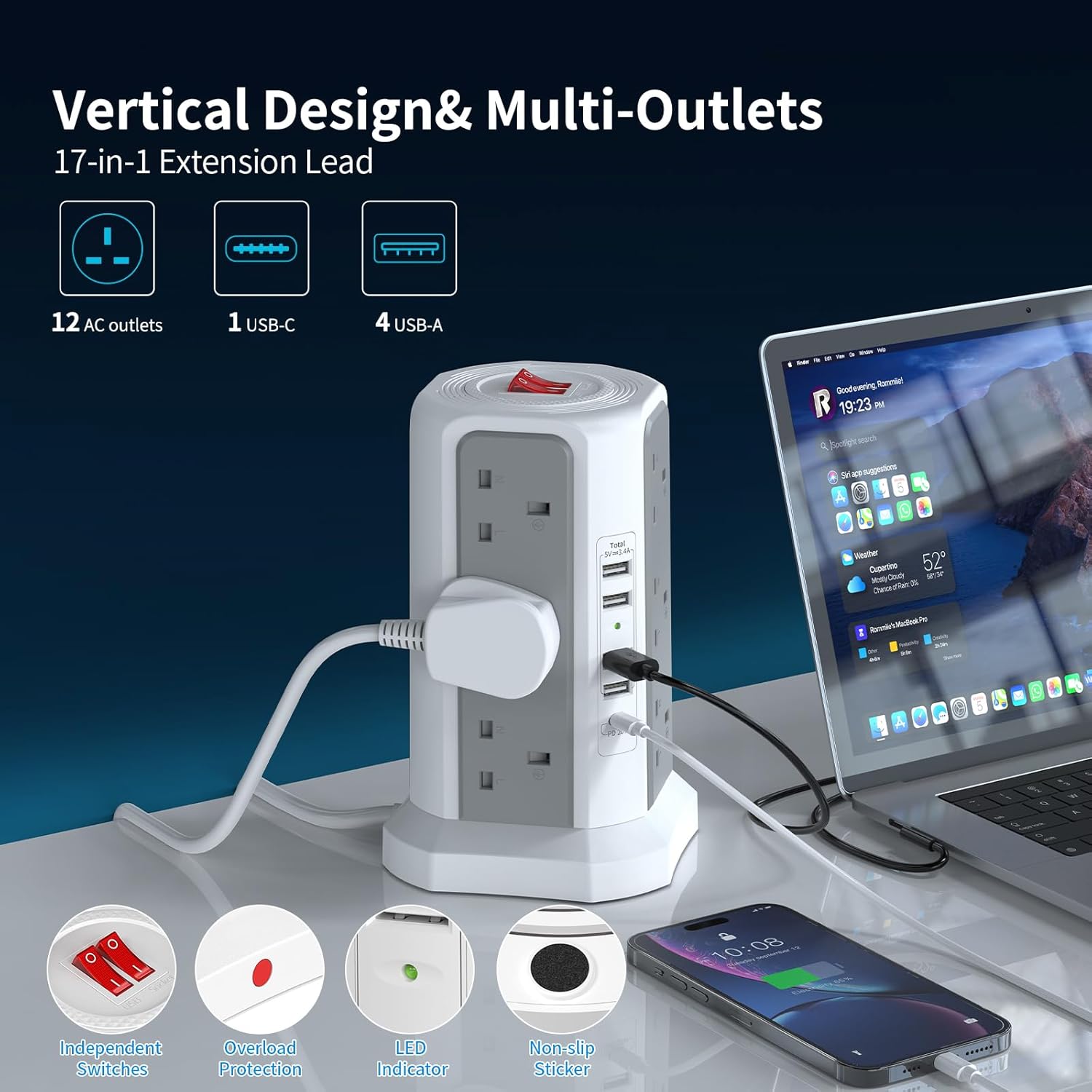 Tower Extension Lead with USB Slots 3M and 20W USB C Fast Charger, (13A 3250W)