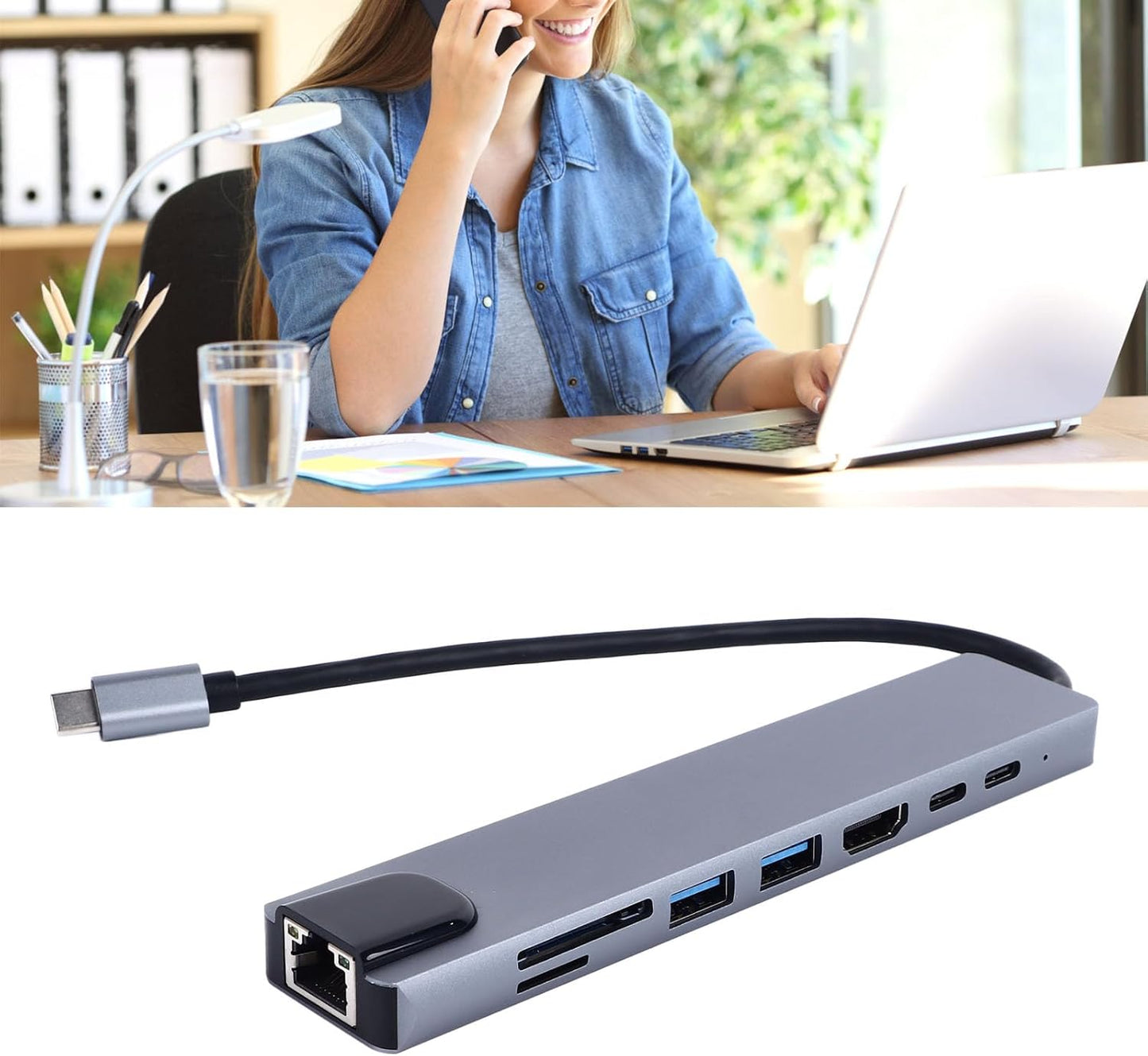 USB-C Hub 8-in-1 Type-C 3.1 to 4K HDMI Adapter with RJ45, SD/TF & PD Fast Charge for MacBook & Laptops