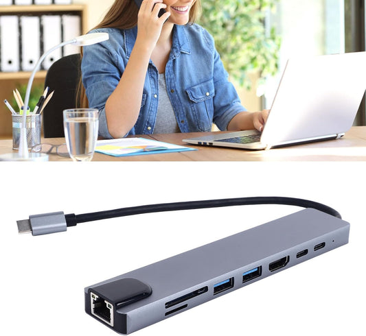 USB-C Hub 8-in-1 Type-C 3.1 to 4K HDMI Adapter with RJ45, SD/TF & PD Fast Charge for MacBook & Laptops
